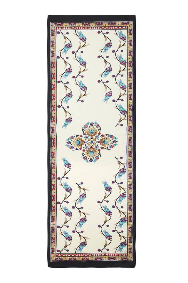 Gold Black Row Tulip Pattern Wide Silky Foulard - 4