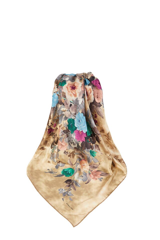 Gold Bouquet Pattern Silk Square Scarf - 3