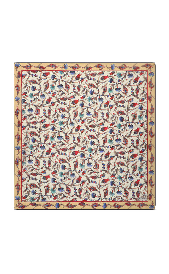 Gold Carnation Tulip Pattern Soft Square Scarf - Bursa İpek