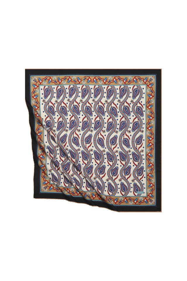Gold Ivy Tulip Pattern Silky Square Scarf - Bursa İpek