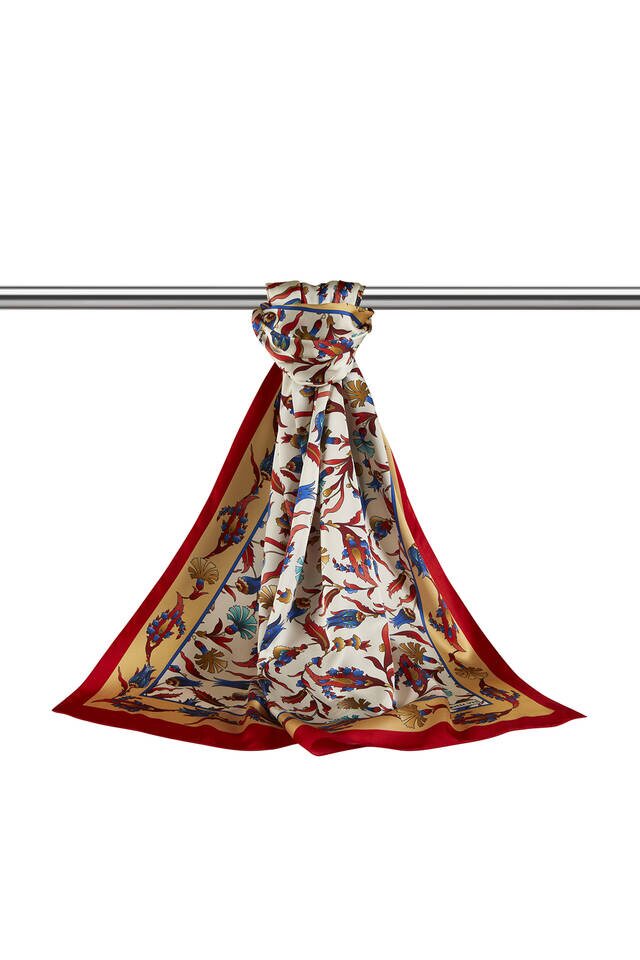 Gold Kırmızı Karanfil Lale Desen Geniş İpeksi Fular - 3