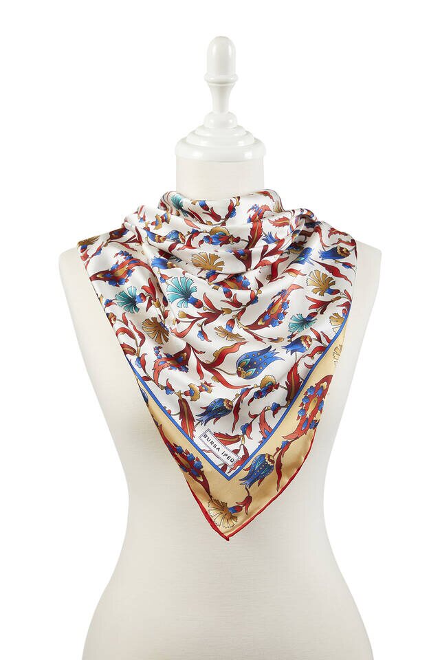 Gold Kırmızı Türk Motifli Karanfil Lale Desen İpeksi Eşarp - 2