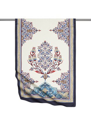 Gold Lacivert Şamdan Desen Geniş İpeksi Fular 