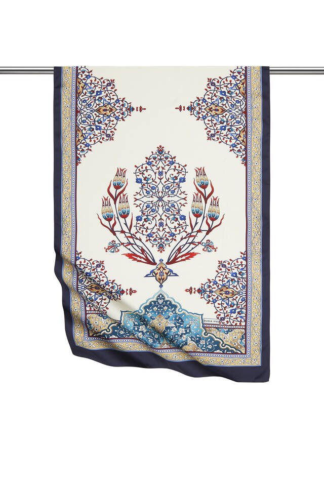 Gold Lacivert Şamdan Desen Geniş İpeksi Fular - 1