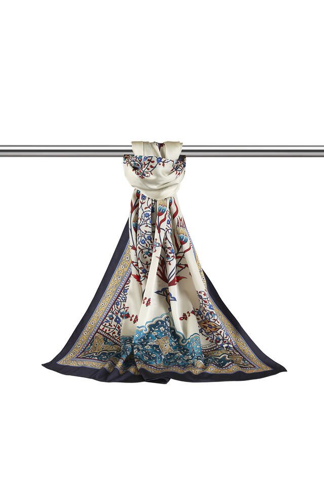 Gold Lacivert Şamdan Desen Geniş İpeksi Fular - 3