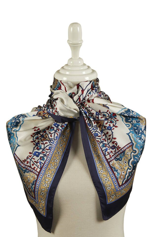 Gold Lacivert Şamdan Desen Geniş İpeksi Fular - 2