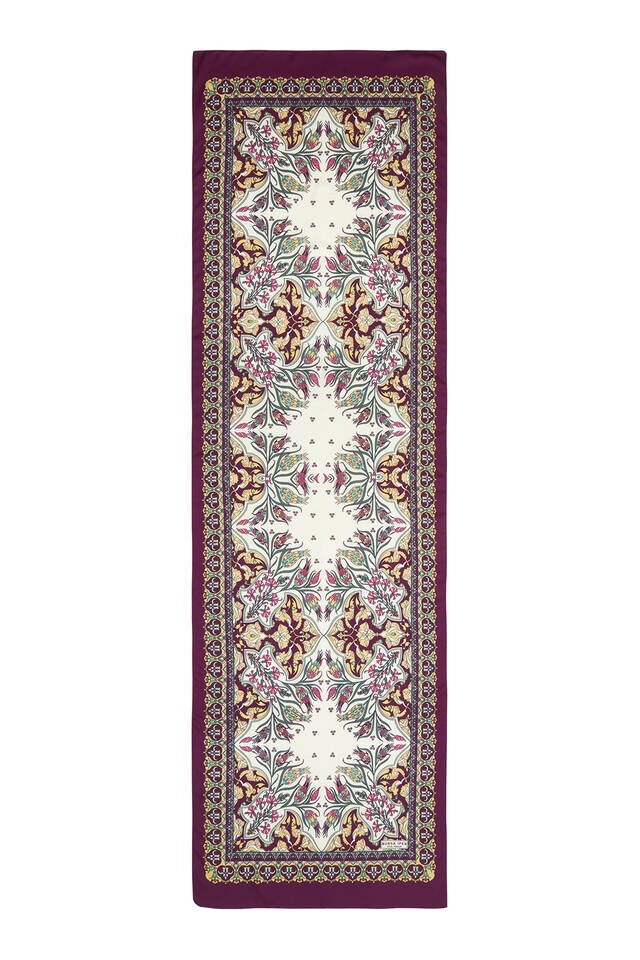 Gold Mürdüm Çini Lale Desen Dar İpeksi Fular - 4