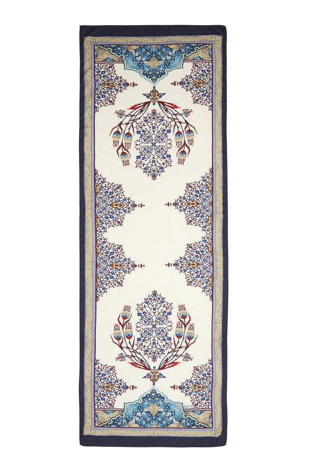 Gold Navy Blue Candlestick Pattern Wide Silky Foulard - 4