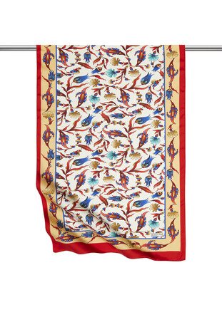 Gold Red Carnation Tulip Pattern Wide Silky Foulard 