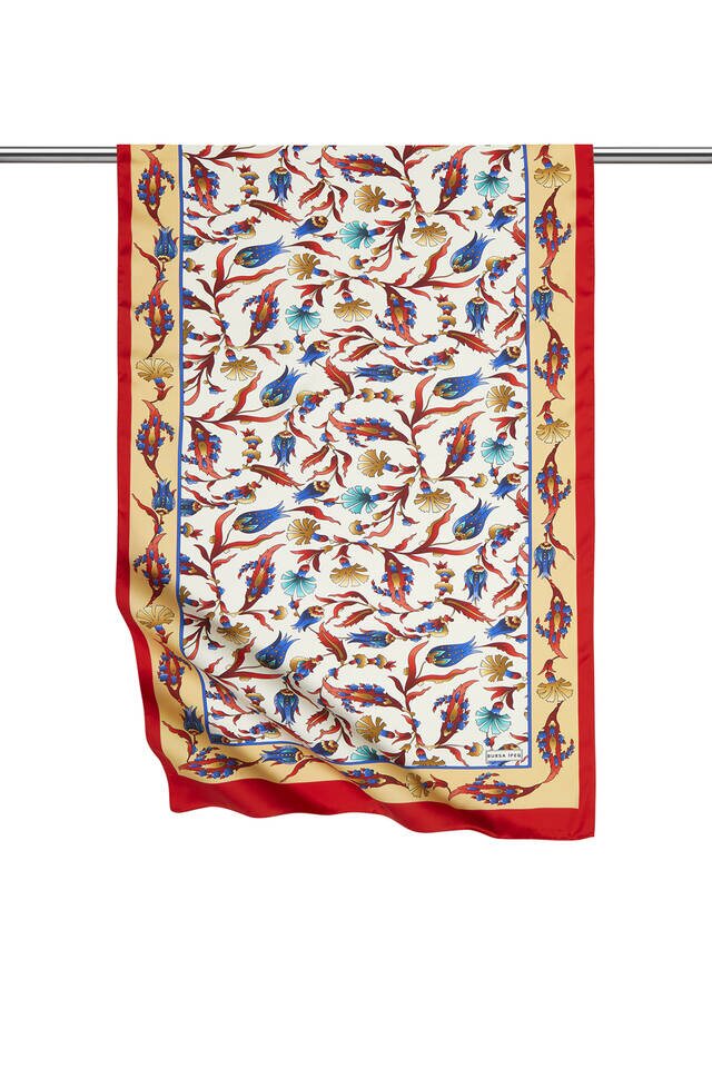 Gold Red Carnation Tulip Pattern Wide Silky Foulard 