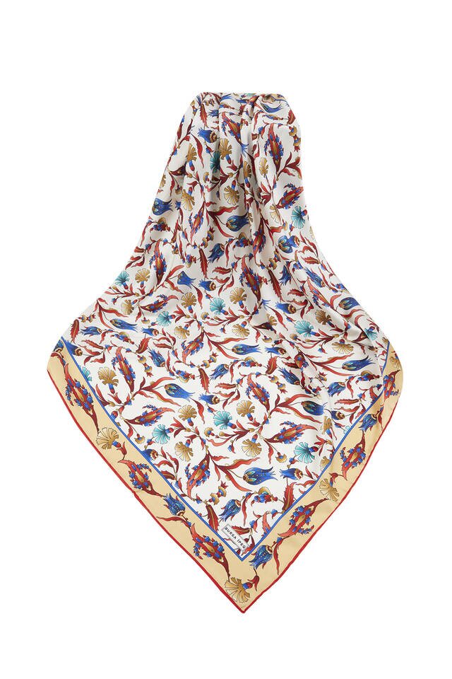 Gold Red Turkish Pattern Carnation Tulip Pattern Silky Square Scarf - 3