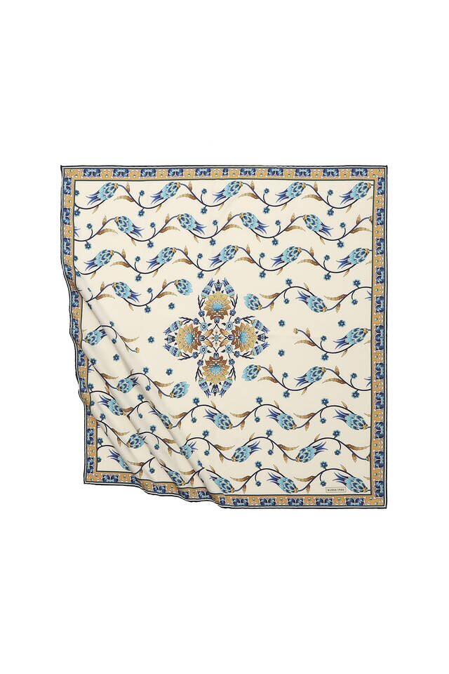 Gold Row Tulip Pattern Silky Square Scarf - Bursa İpek