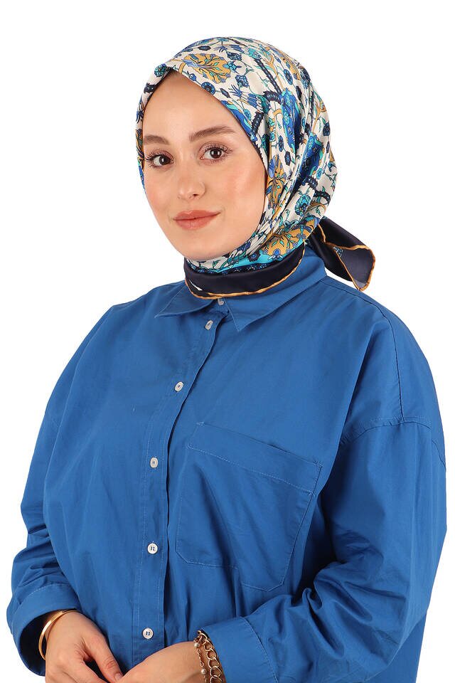 Gold Tile Tulip Pattern Silky Square Scarf - 2