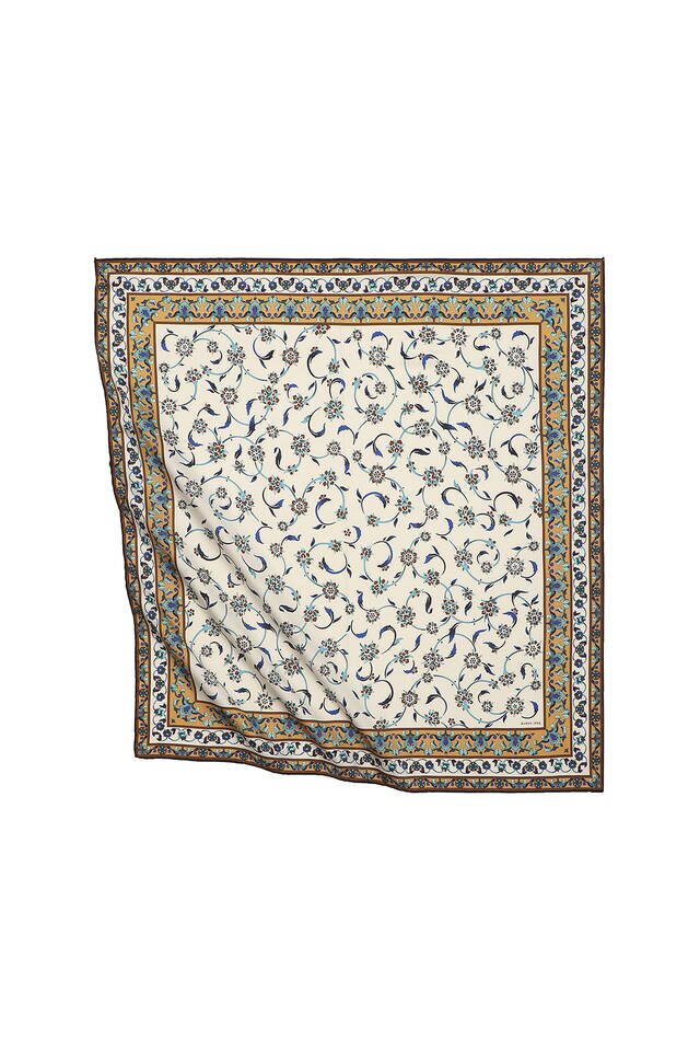 Gold Wildflower Pattern Silky Square Scarf - Bursa İpek