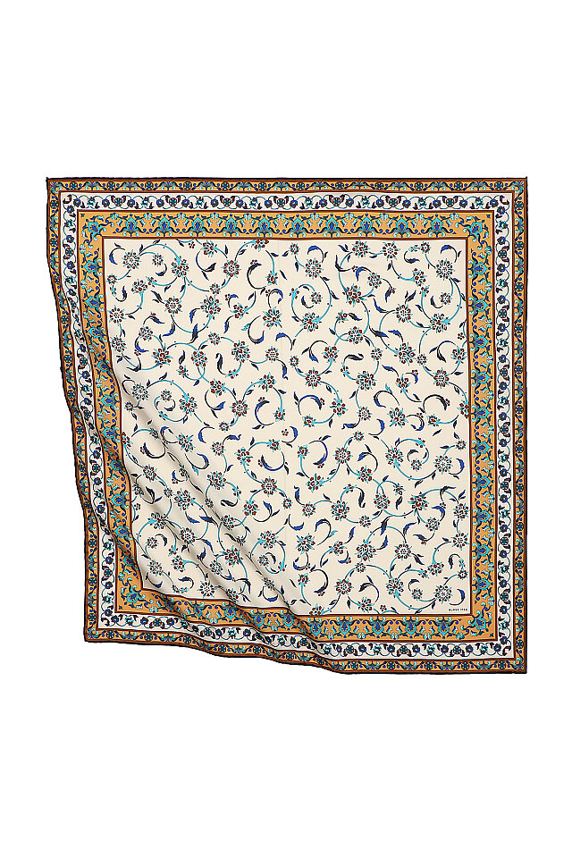 Gold Wildflower Pattern Silky Square Scarf - Bursa İpek