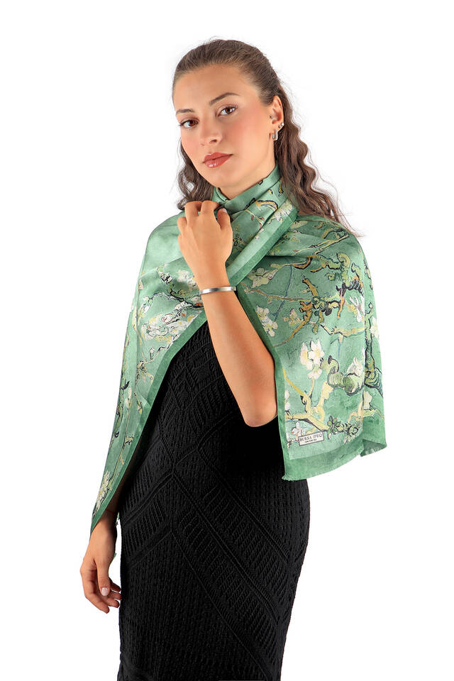Grass Green Almond Blossom Silk Foulard - 2