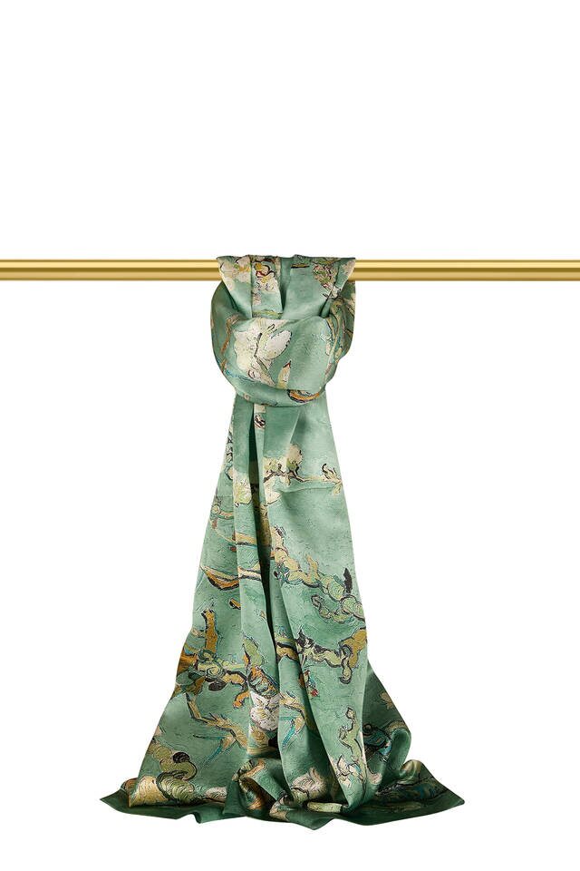 Grass Green Almond Blossom Silk Scarf - 1