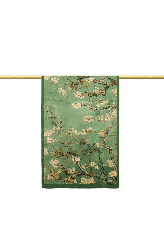 Grass Green Almond Blossom Silk Scarf - 2