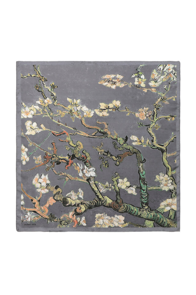 Gray Almond Blossom Pattern Silky Pocket Square - Bursa İpek