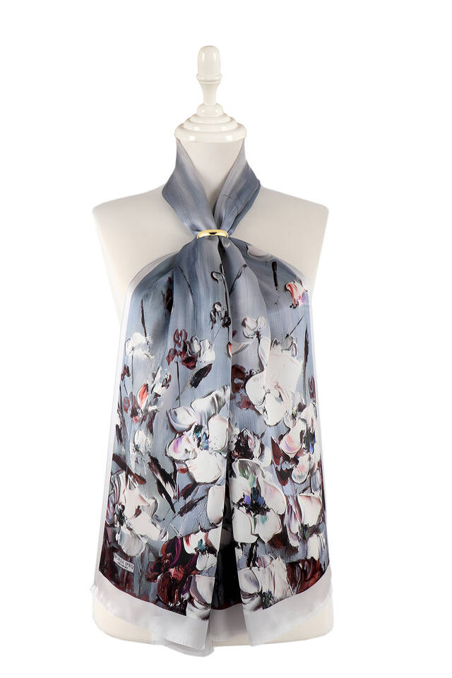 Gray Anemone Pattern Silk Foulard - Bursa İpek