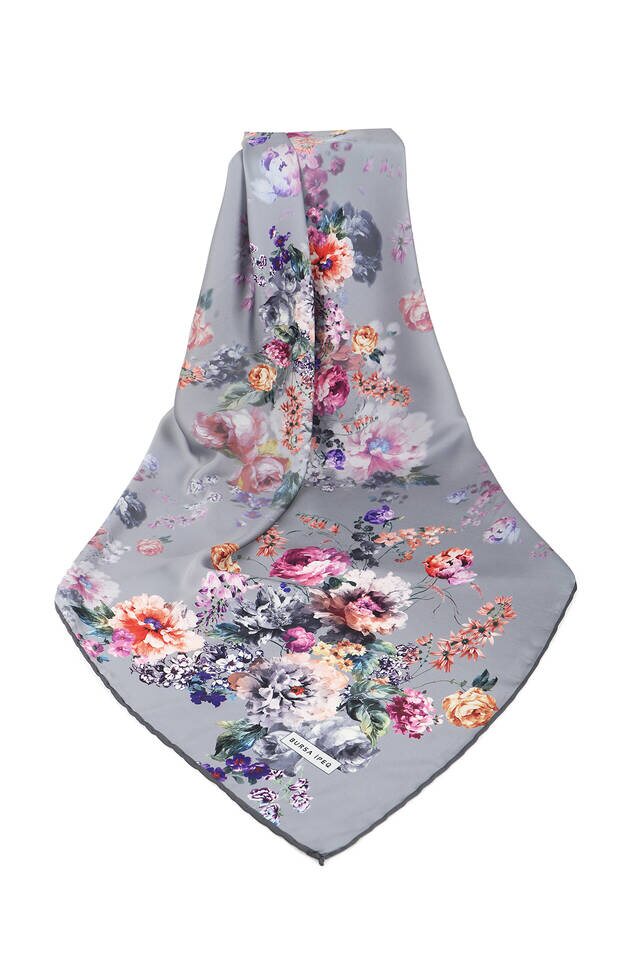 Gray Begonia Pattern Silky Square Scarf - 3