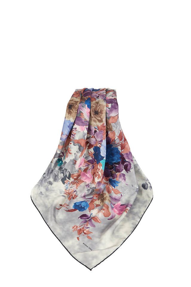 Gray Bouquet Pattern Silk Square Scarf - 3