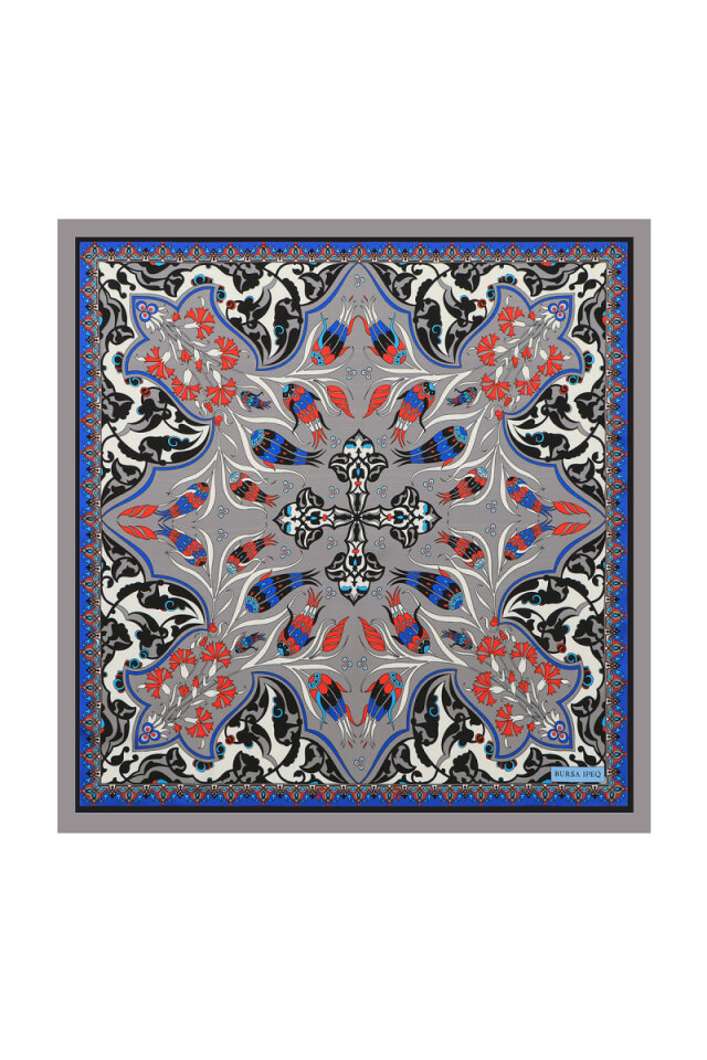 Gray Çintemani Carnation Pattern Silky Pocket Square - Bursa İpek