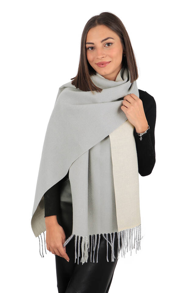 Gray Cream Double Sided Winter Shawl - Bursa İpek