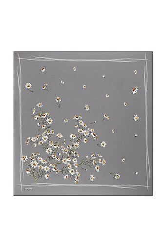 Gray Daisy Pattern Twill Silk Square Scarf 