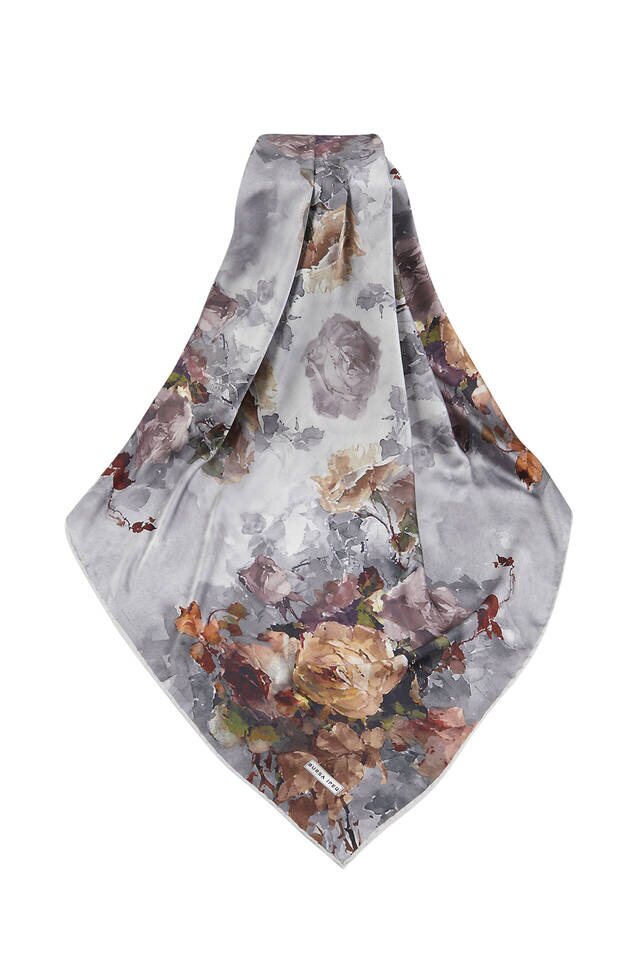 Gray Floral Pattern Silky Square Scarf - 3