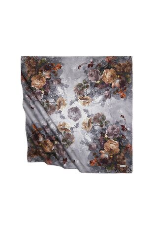 Gray Floral Pattern Silky Square Scarf 