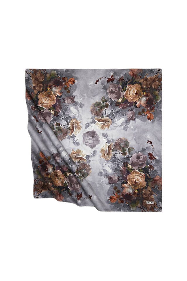 Gray Floral Pattern Silky Square Scarf 