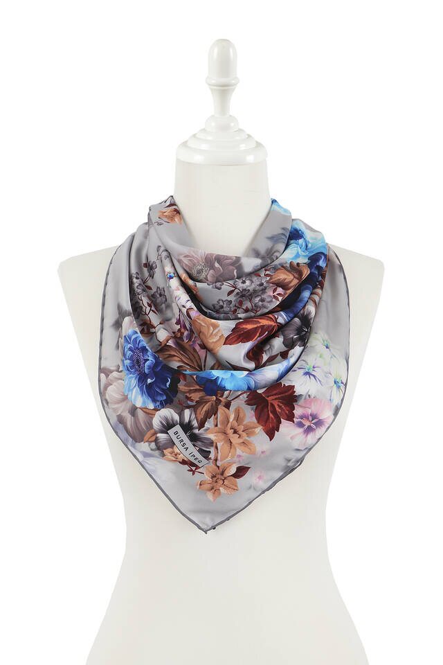 Gray Fulya Pattern Silky Square Scarf - 2