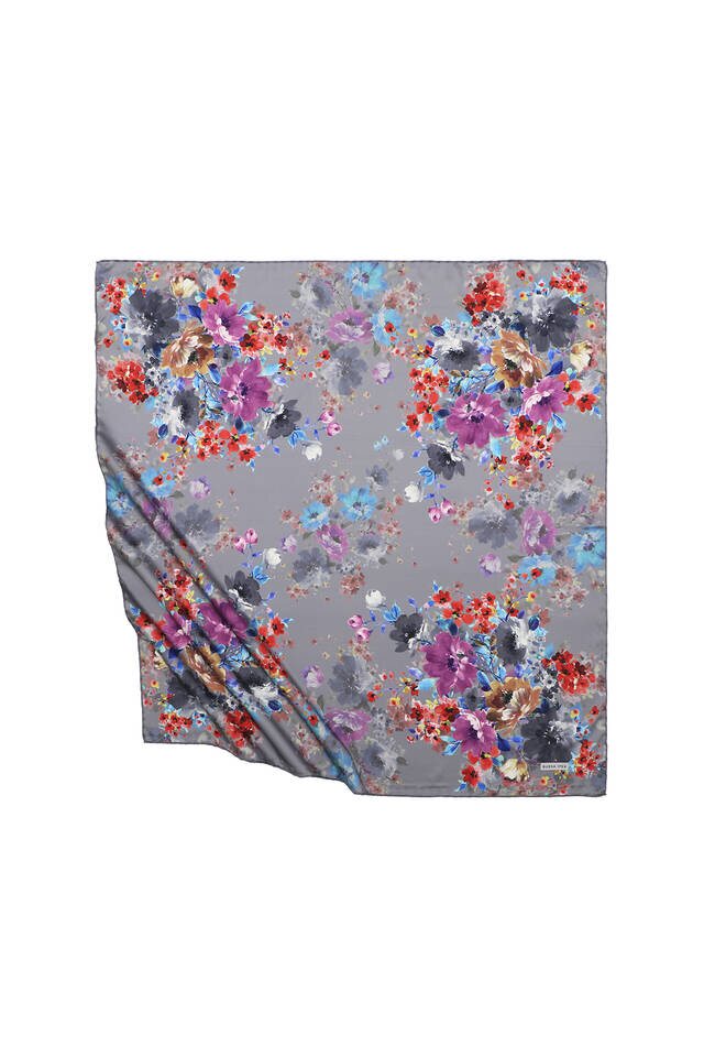 Gray Geranium Pattern Silky Square Scarf - Bursa İpek