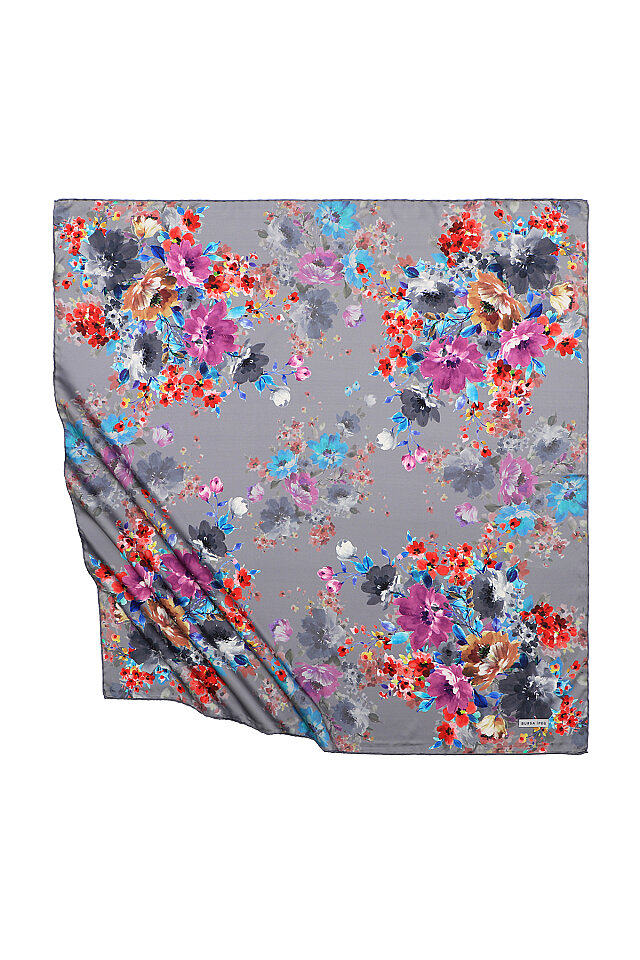 Gray Geranium Pattern Silky Square Scarf - Bursa İpek