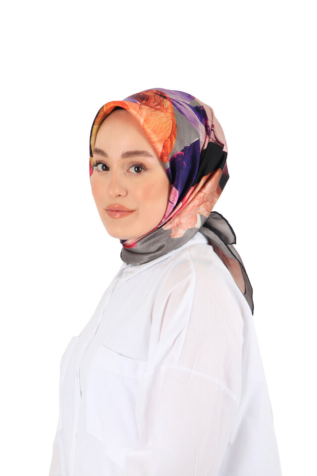 Gray Harmony Pattern Sura Silk Square Scarf 