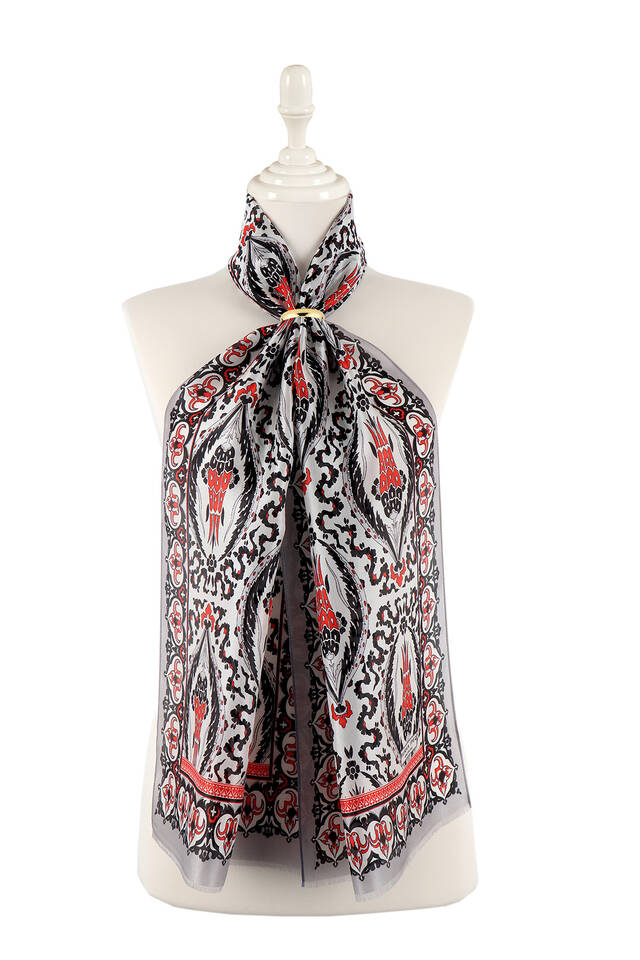 Gray Red Big Tulip Voile Silk Foulard - 1
