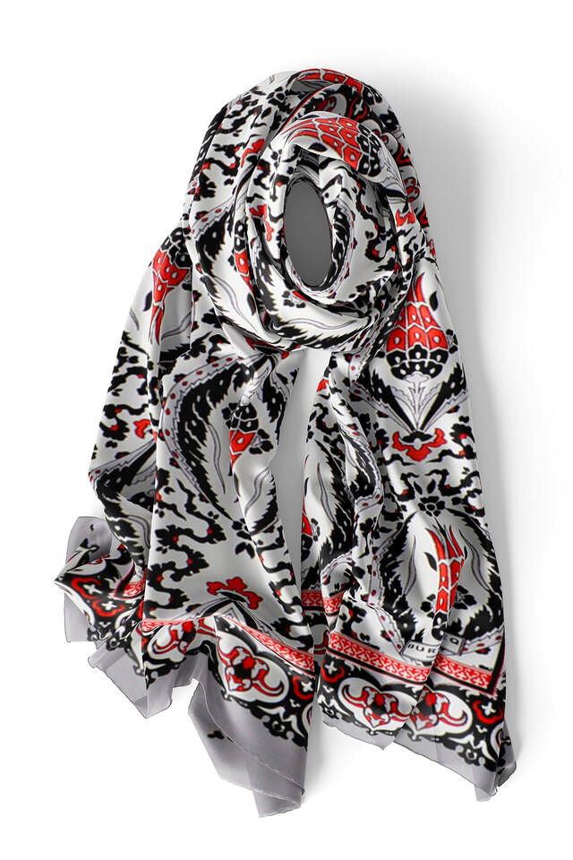 Gray Red Big Tulip Voile Silk Foulard - 3