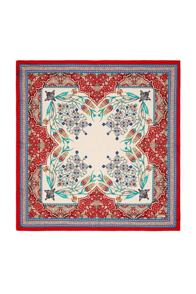 Gray Red Candlestick Tulip Pattern Silk Square Scarf 