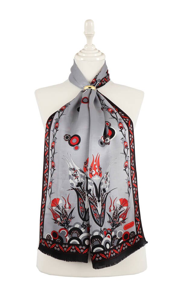 Gray Red Cintemani Narrow Silk Foulard - 1