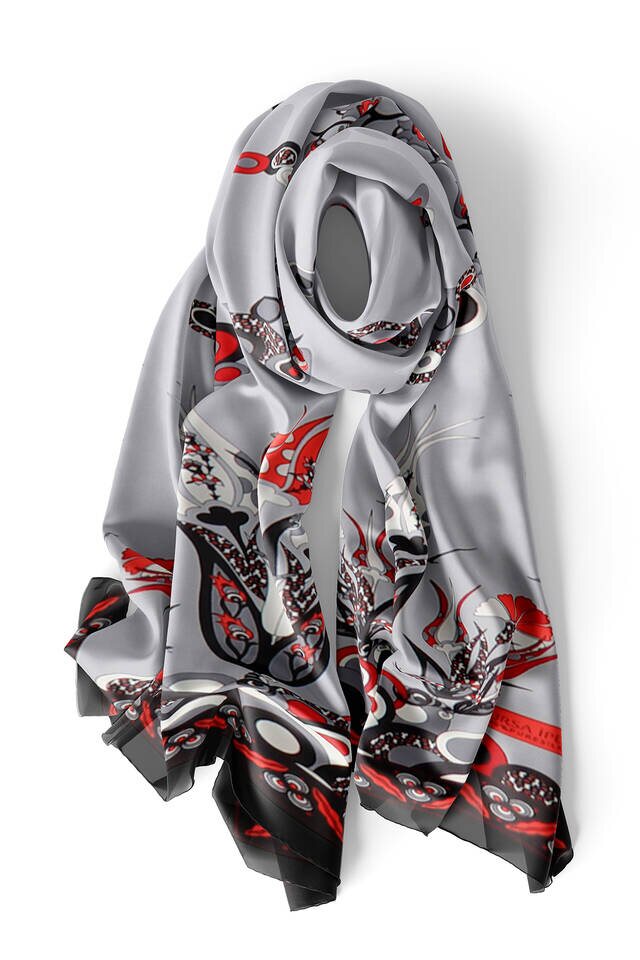 Gray Red Cintemani Narrow Silk Foulard - 3