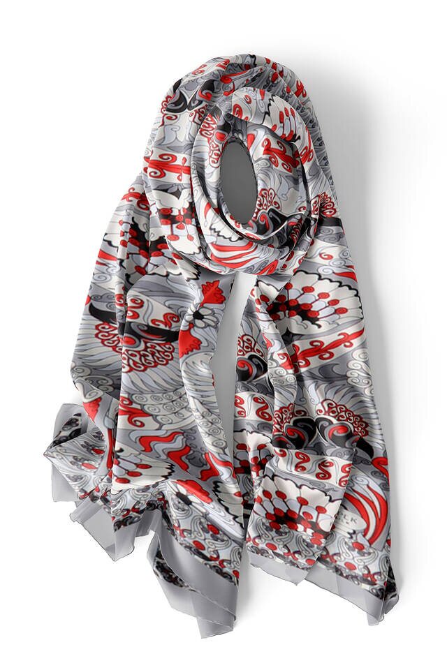 Gray Red Peacock Narrow Silk Foulard - 3