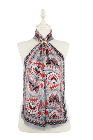Gray Red Peacock Narrow Silk Foulard 
