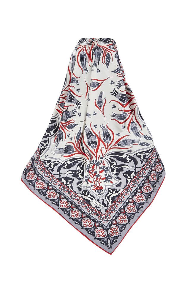 Gray Red Turkish Patterned Çintemani Carnation Pattern Silky Square Scarf - 3