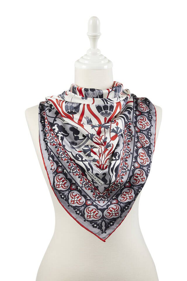 Gray Red Turkish Patterned Çintemani Carnation Pattern Silky Square Scarf - 2