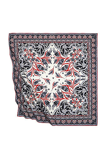Gray Red Turkish Patterned Çintemani Carnation Pattern Silky Square Scarf 
