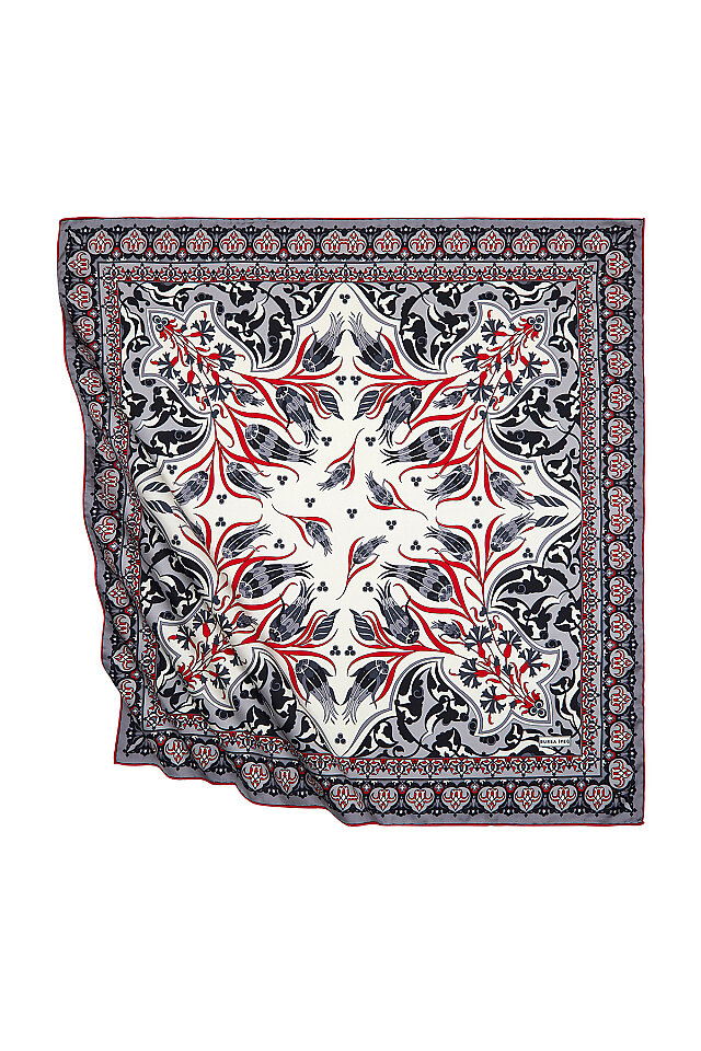 Gray Red Turkish Patterned Çintemani Carnation Pattern Silky Square Scarf 