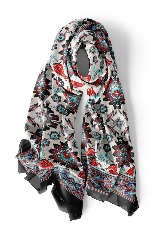 Gray Tile Tulip Pattern Narrow Silk Foulard - 3