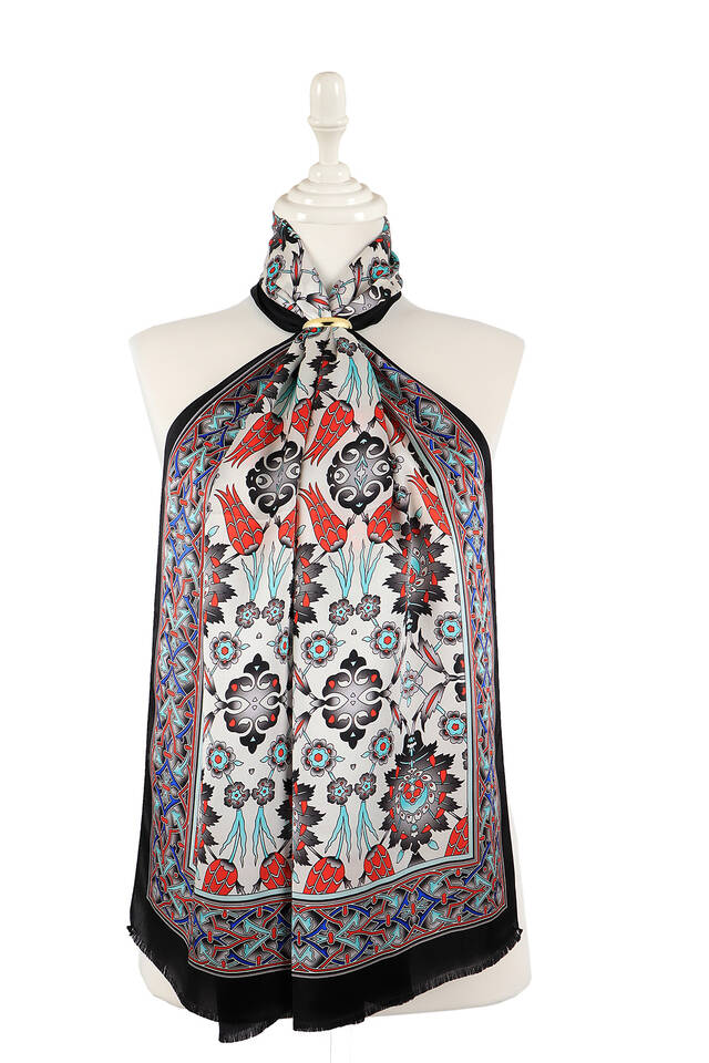 Gray Tile Tulip Pattern Narrow Silk Foulard - Bursa İpek