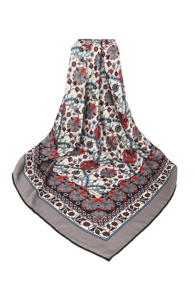 Gray Tile Tulip Pattern Silky Square Scarf - 3